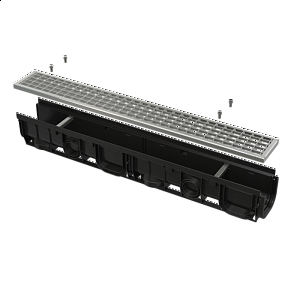 Venkovní žlab 100&nbsp;mm s&nbsp;plastovým rámem a&nbsp;pozinkovaným roštem B125